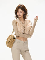 Faux Fur V-Neck Cropped Knit Top