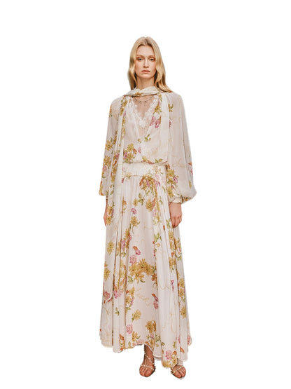 Milena Chiffon Lace Lantern Sleeve V-neck Dress