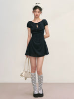 Navy Blue Tie-Waist Puff Mini Dress