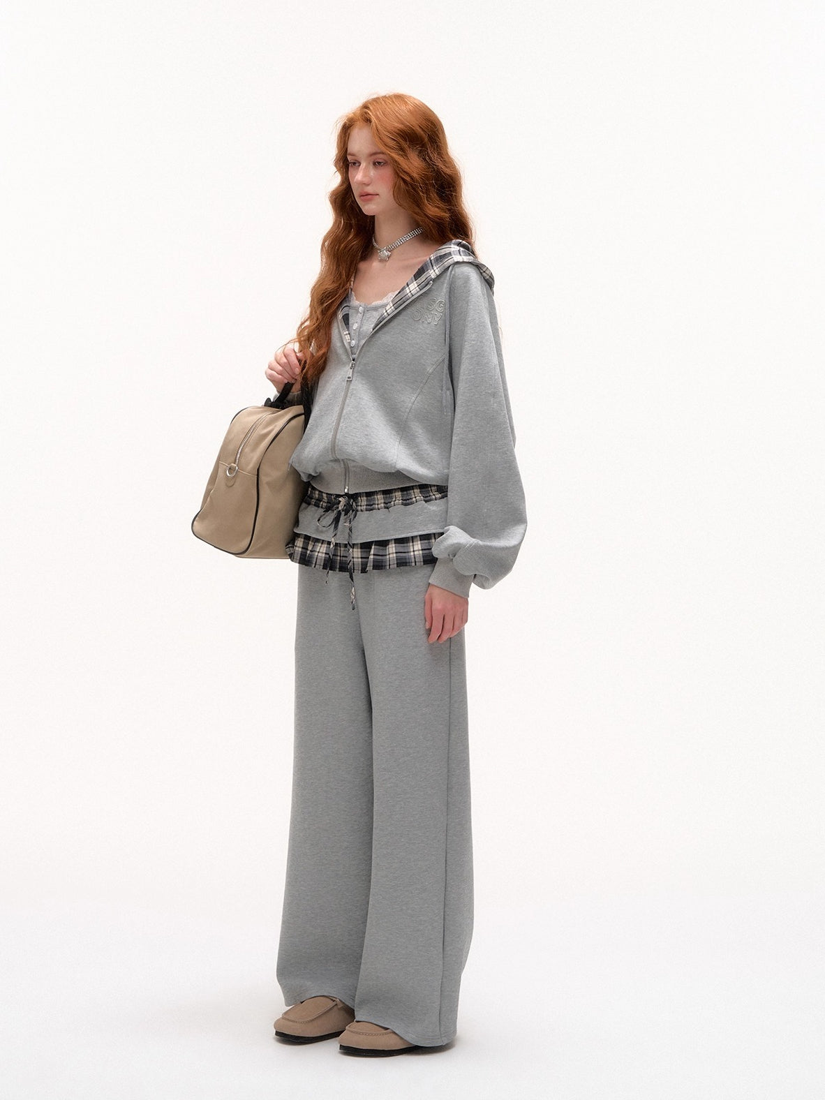 Plaid Patch Embroidered Sweatshirt &amp; Ruffled Waist Pants Set