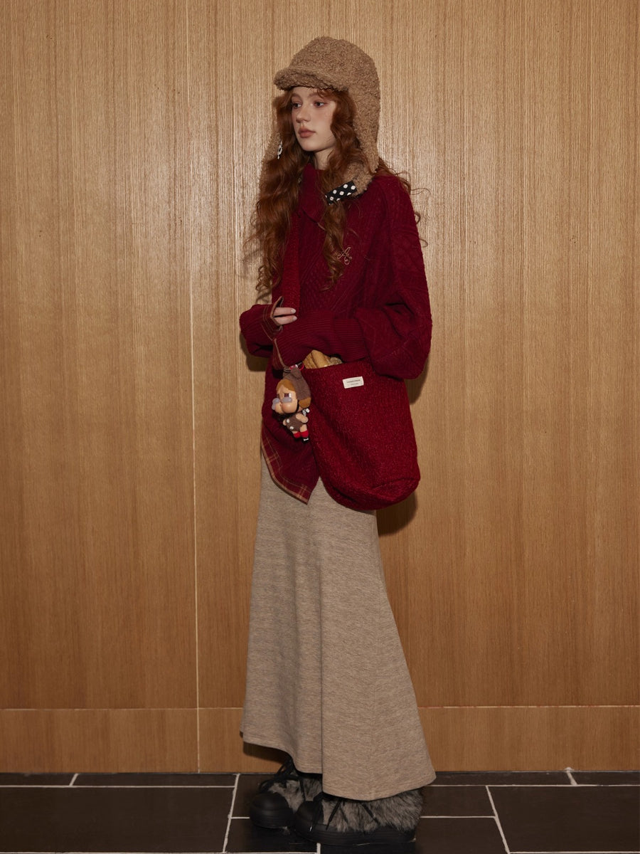 Plaid Patchwork Batwing Sleeve Knit Sweater
