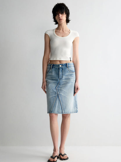 Deep U-Neck Ruffled Short Sleeve T-shirt