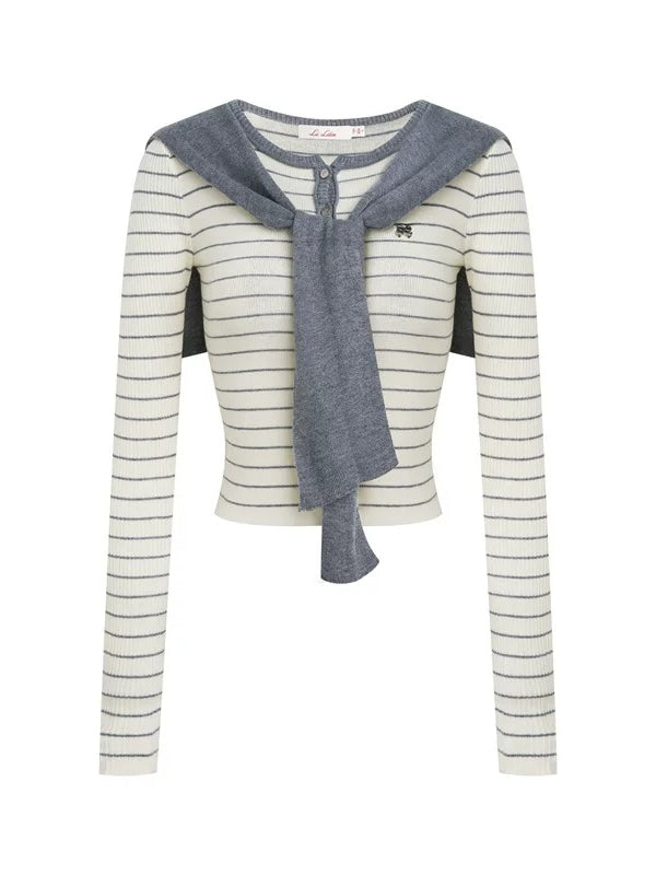 Striped Shawl Collar Knit Top