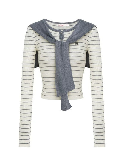 Striped Shawl Collar Knit Top