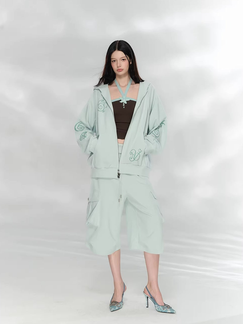 Green &amp; Beige Printed Hoodie Set