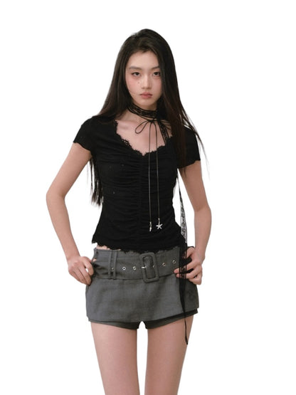 Acetate Lace Backless Beaded Short-sleeve T-shirt