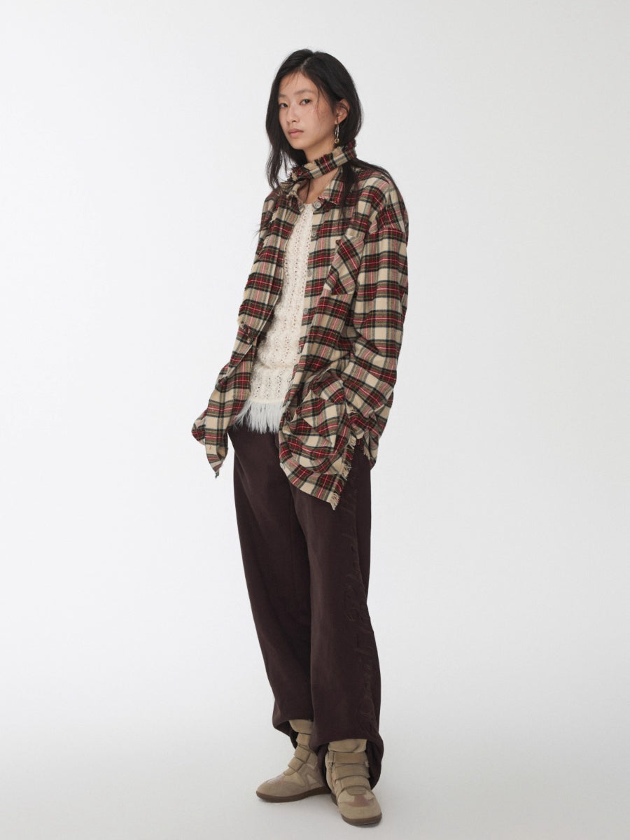 Vintage Red Plaid Frayed-Edge Utility Shirt Dress