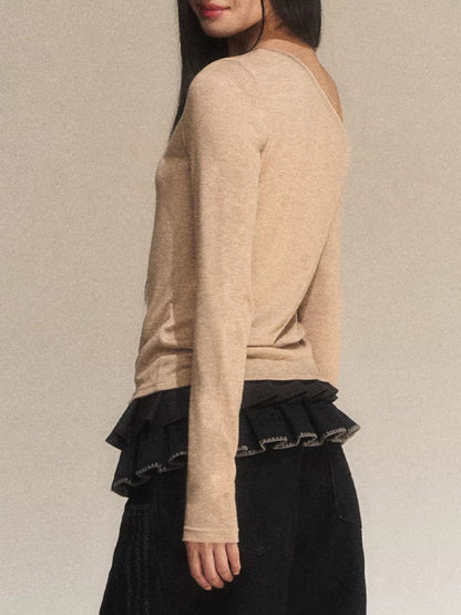 Oatmeal Angel Print Asymmetric Shoulder Top