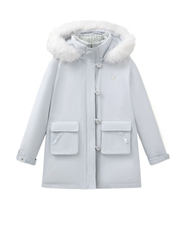 “Flowing Glacier” Patchwork Down Jacket with Fur Collar