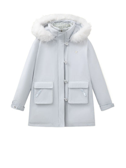 “Flowing Glacier” Patchwork Down Jacket with Fur Collar