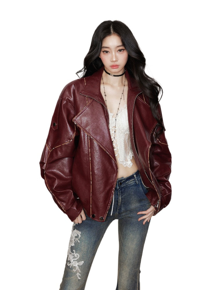 Striped Collar Biker Leather Jacket