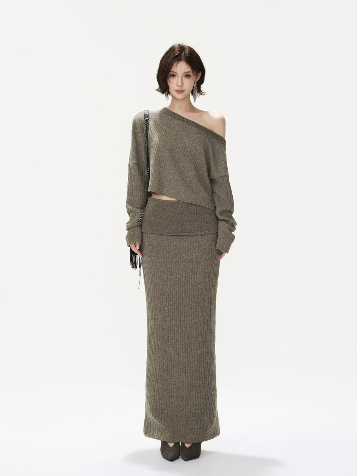 Asymmetric Ribbed Knit &amp; Maxi Skirt Set