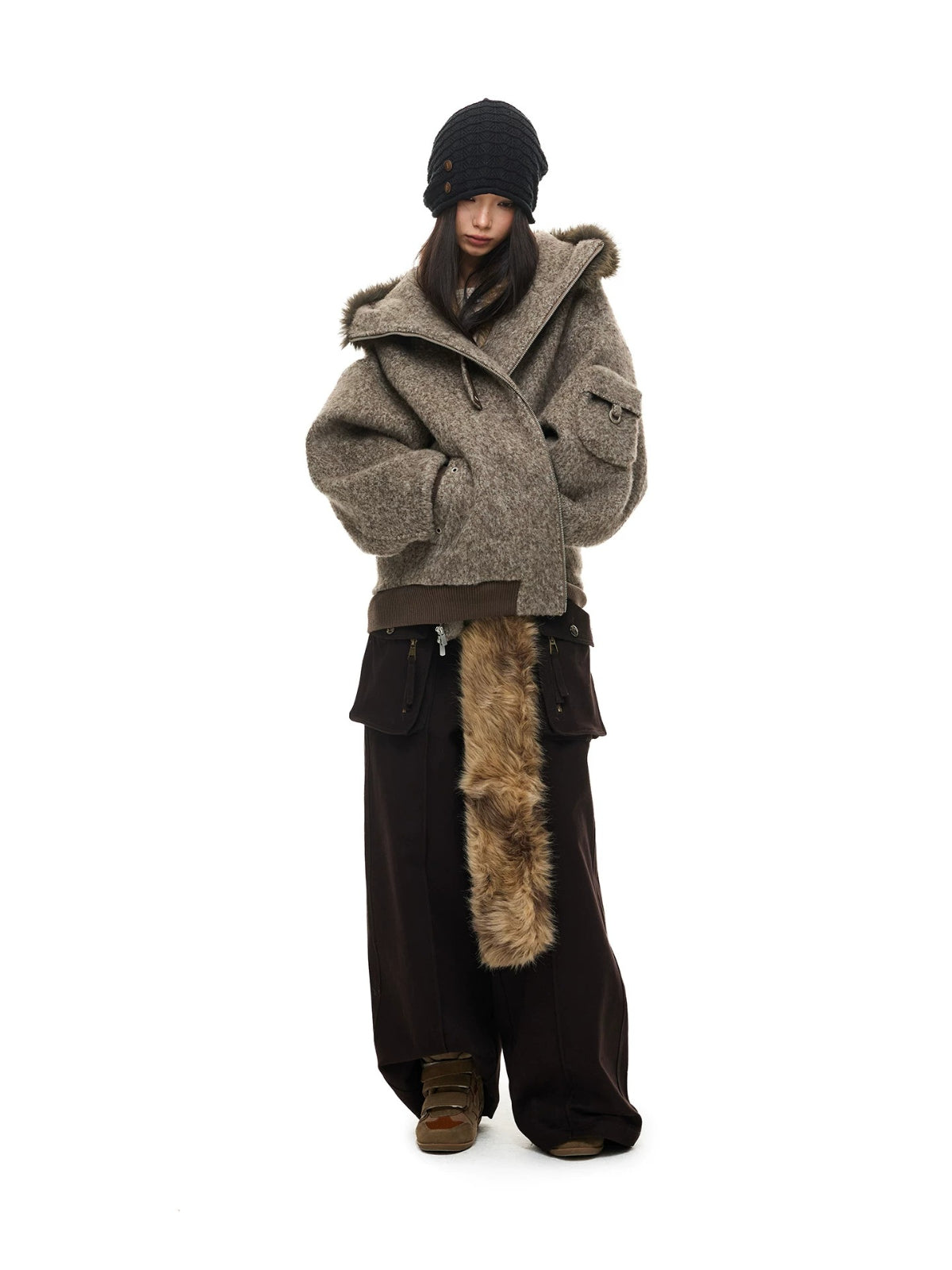 Fur Collar Hooded Wool Coat