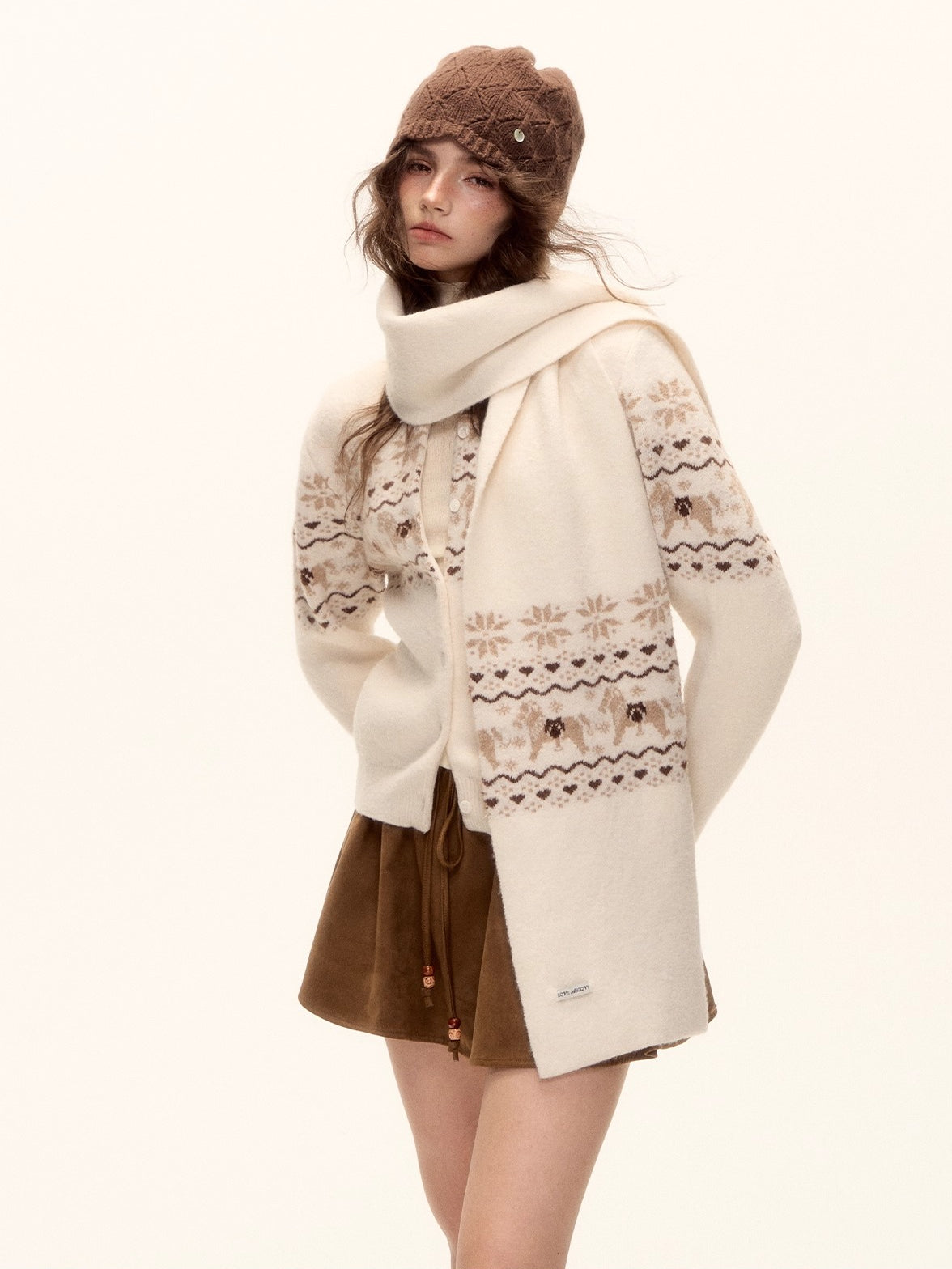 Fair Isle Knit Cardigan and Scarf Set