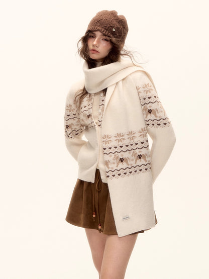 Fair Isle Knit Cardigan and Scarf Set