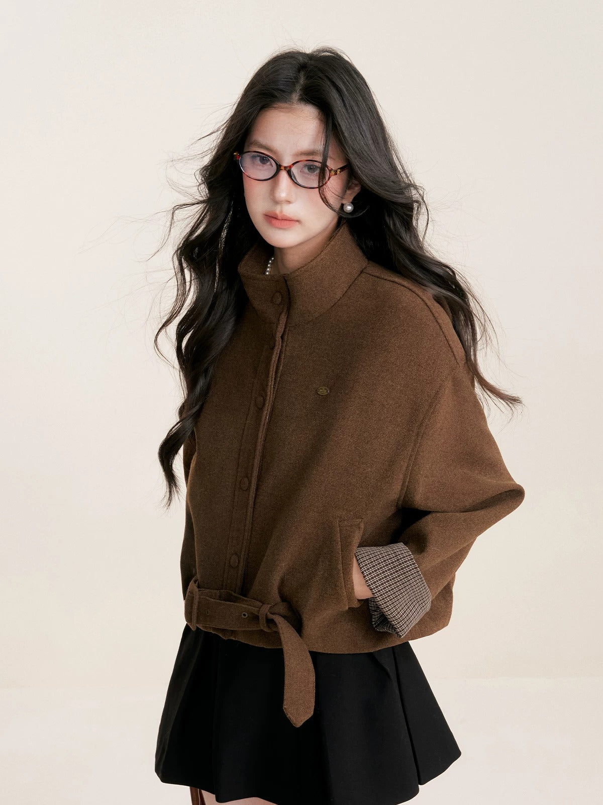 Plaid Trim Belted Coat