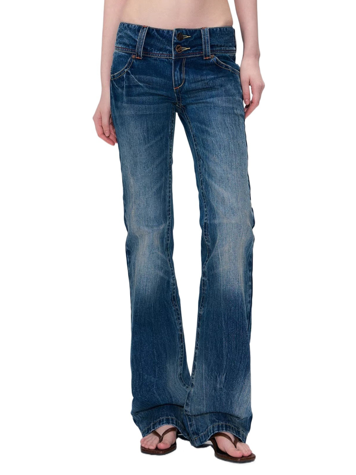 Dark Blue Vintage Hand-Brushed Flare Jeans