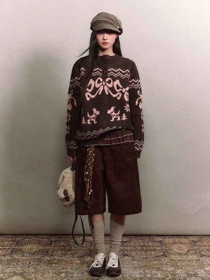 Fair Isle Bow Henry-Collar Sweater