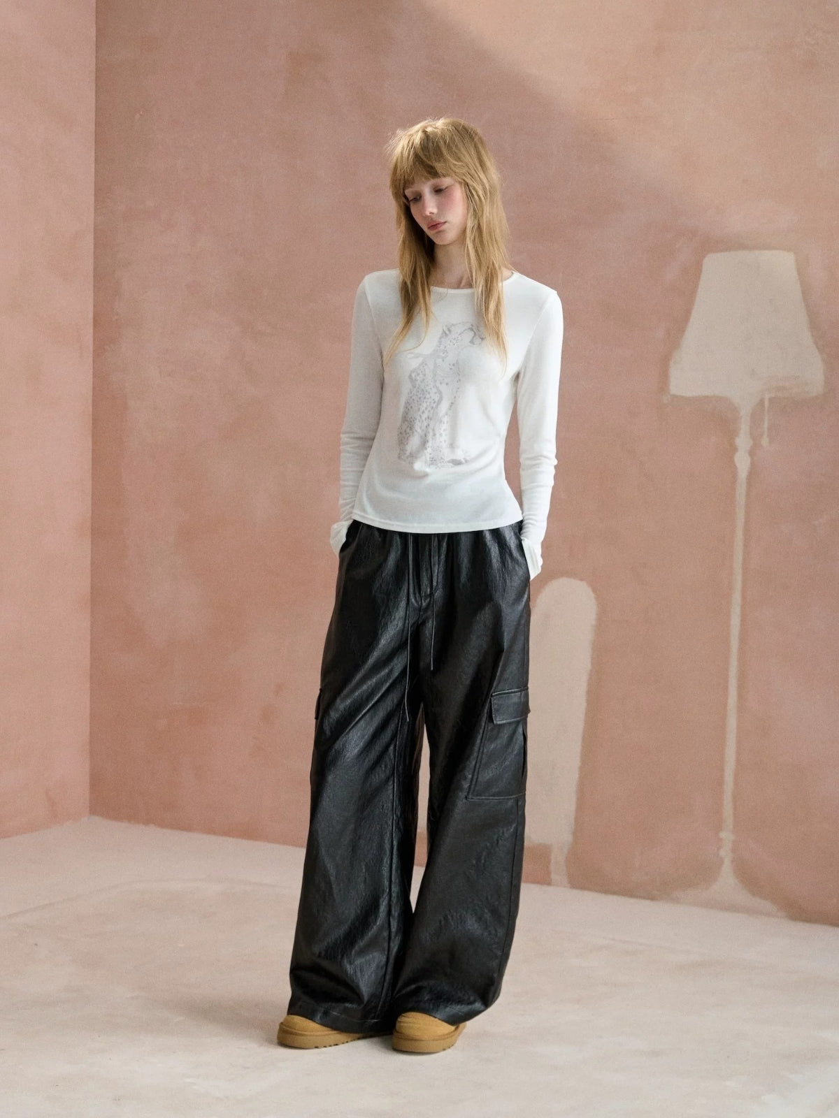 Double Waist Faux Leather Pants