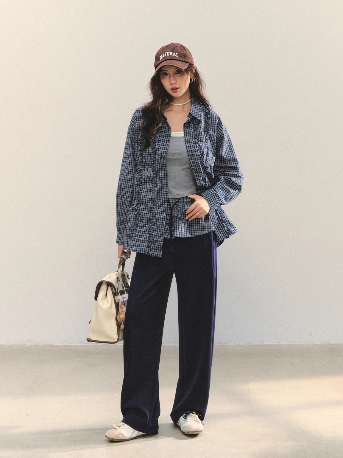 Plaid Ruffle Drawstring Pleated Shirt &amp; Sweatpants Set