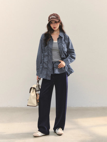 Plaid Ruffle Drawstring Pleated Shirt &amp; Sweatpants Set
