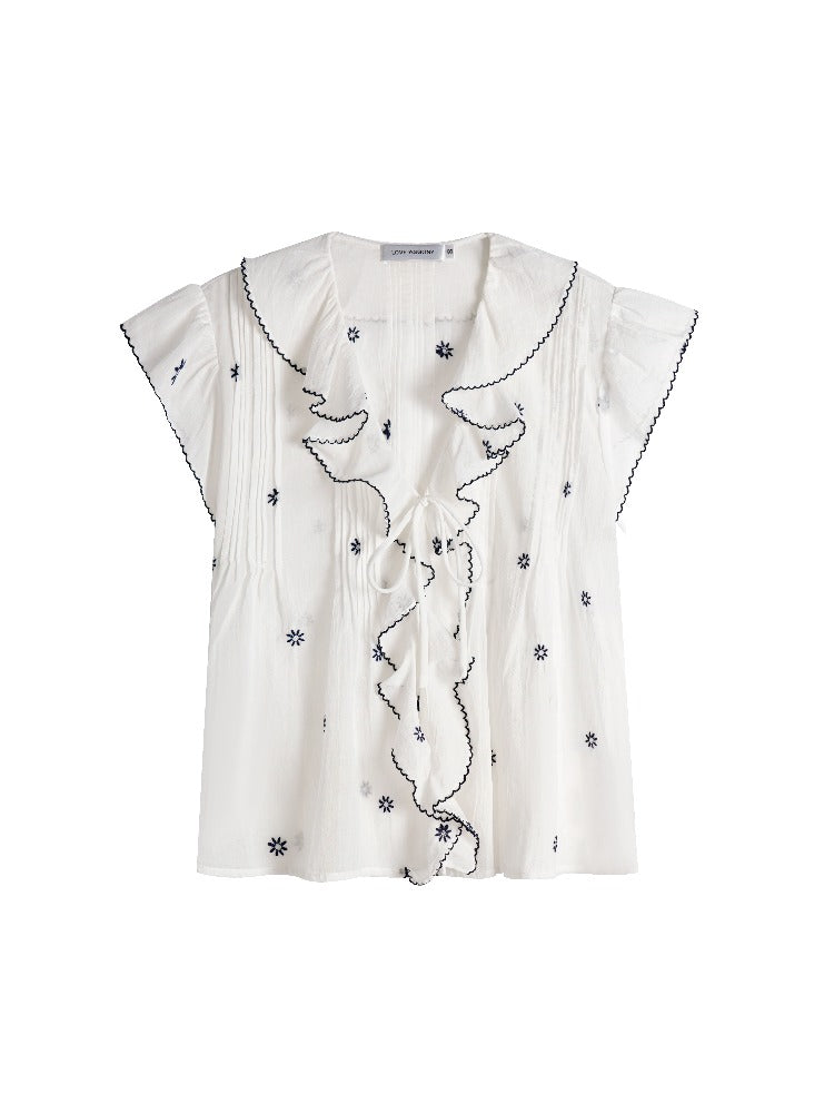 Lace Trim Ruffle V-Neck Blouse