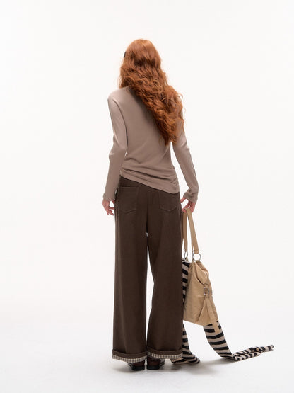 Off-Shoulder Pearl-Button Long-Sleeve T-Shirt