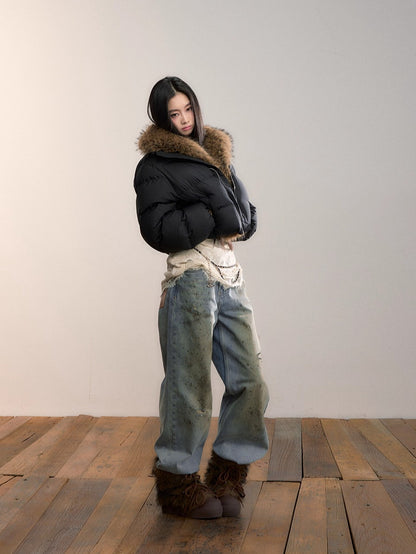 Colorblock Detachable Fur Down Jacket