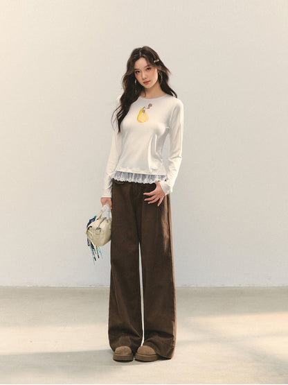 Cross-Stitch Floral Wide-Leg Pants