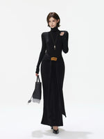 Turtleneck Tie Waist Knitted Maxi Dress