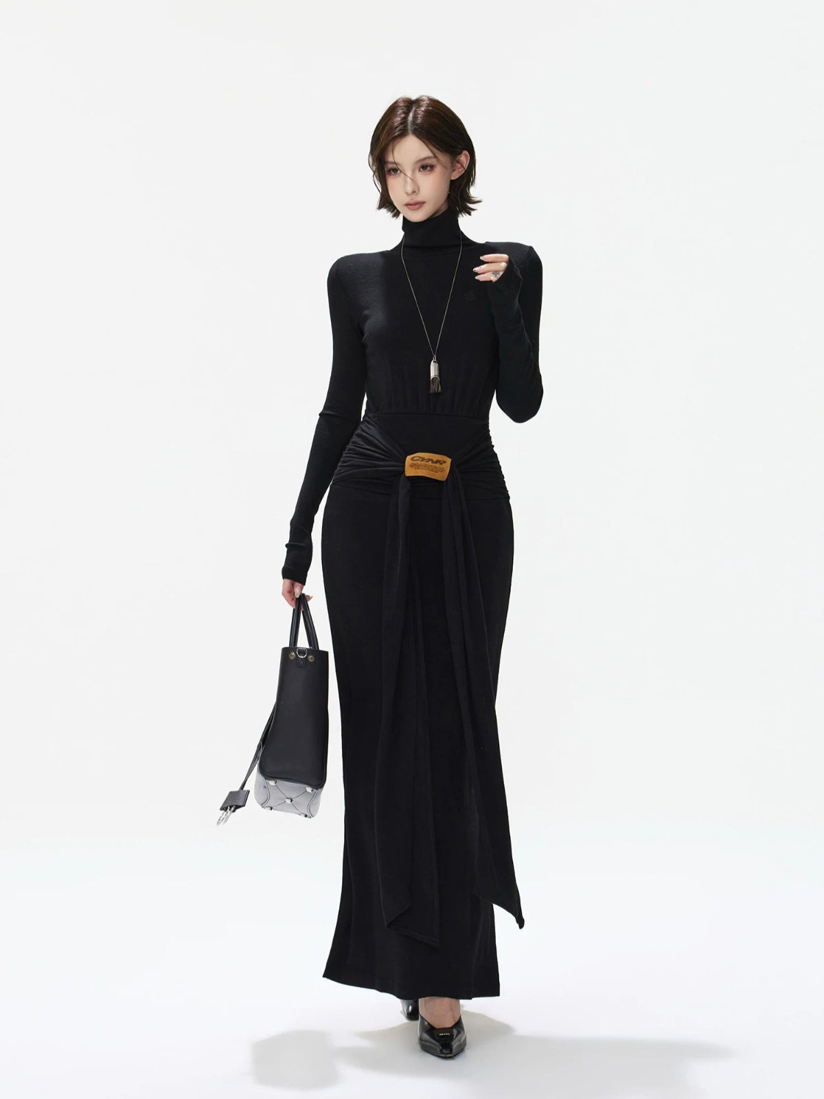 Turtleneck Tie Waist Knitted Maxi Dress