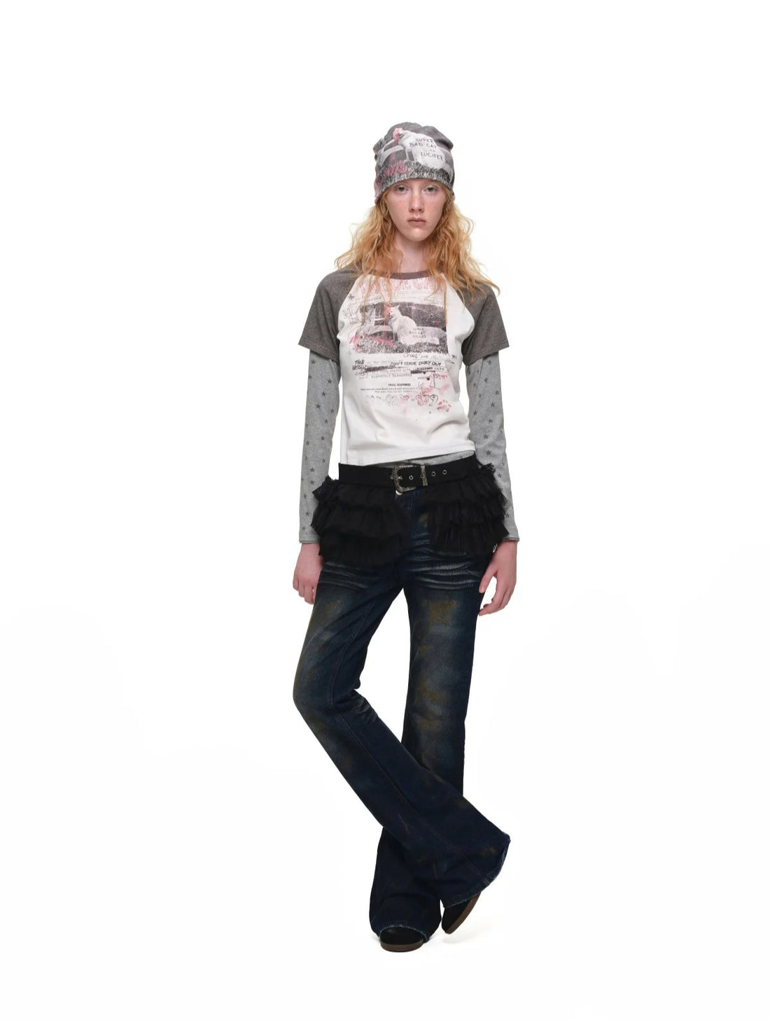 Cat Print Layered Raglan Top