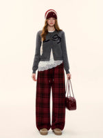 Red Plaid Wool-Blend Drawstring Wide-Leg Pants