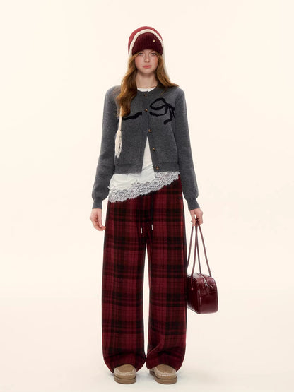 Red Plaid Wool-Blend Drawstring Wide-Leg Pants