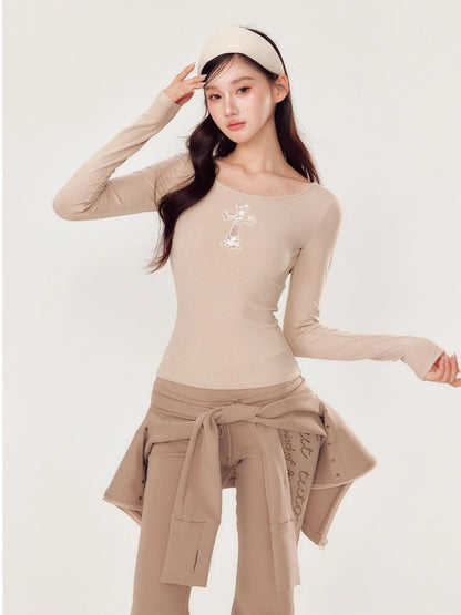 Embroidery Hollow Cross Long Sleeve Top