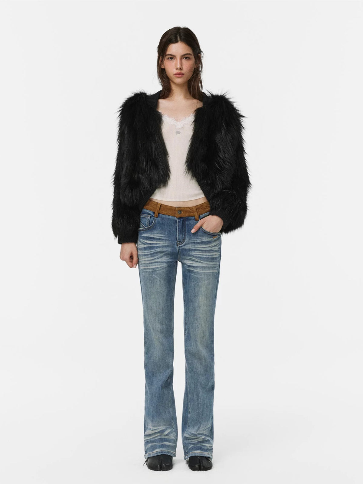 Suede Waistband Washed Bootcut Jeans