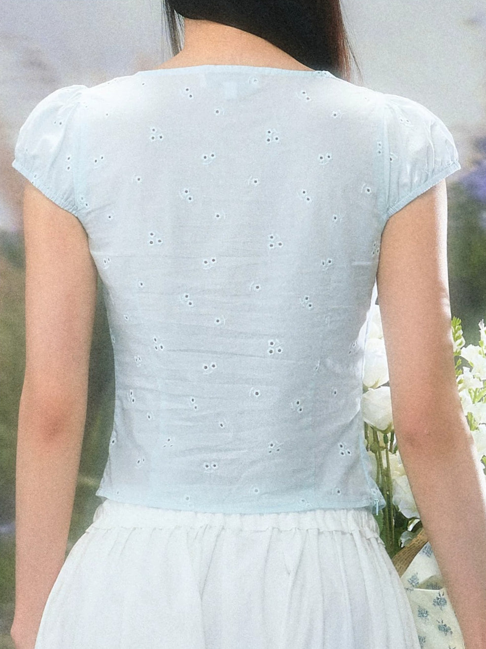 Light Blue Tie Bubble Sleeve Blouse