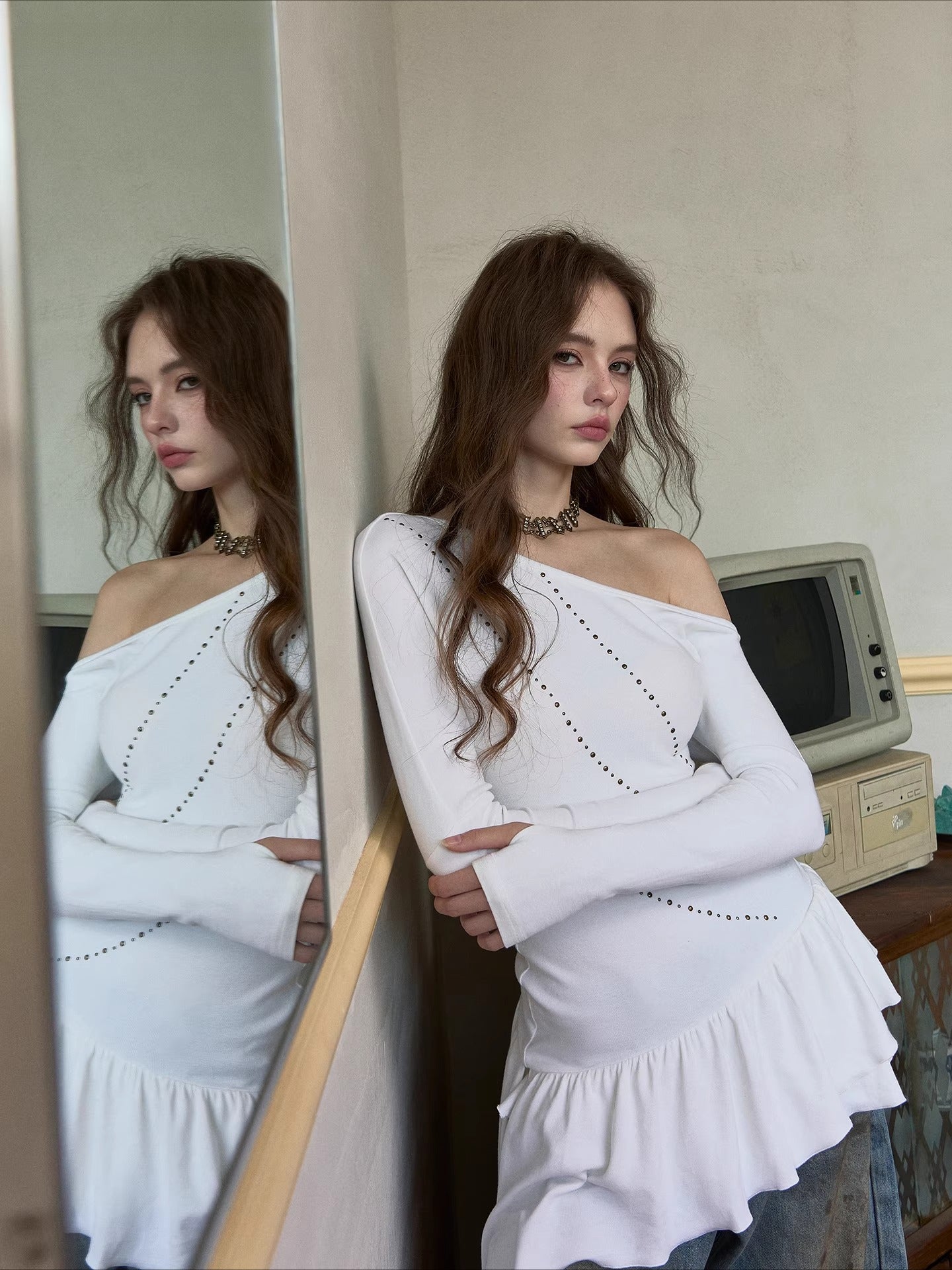 White Asymmetrical Studded T-shirt