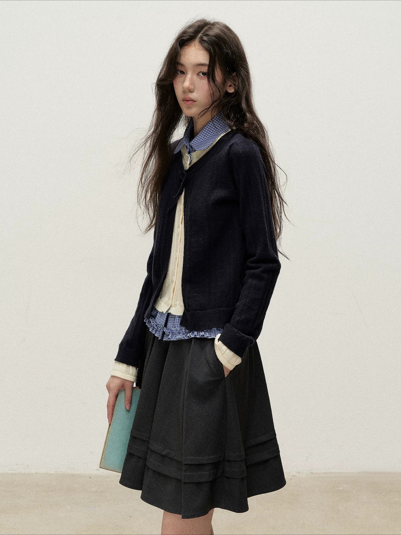 Plaid Collar Layered Knit Top
