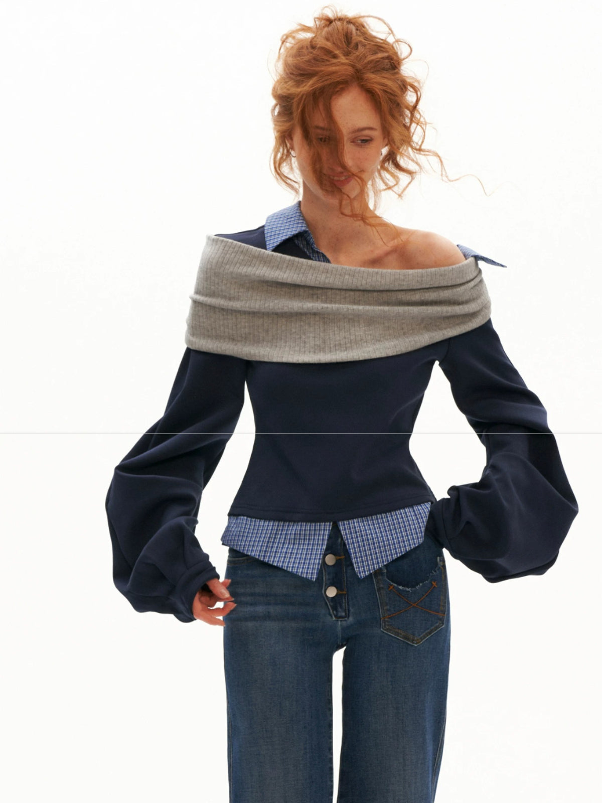 Plaid Off-Shoulder Sweatshirt Top