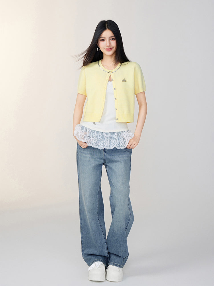Rhinestone Button Knitted Short-Sleeve Cardigan