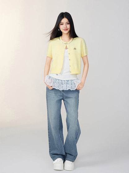 Rhinestone Button Knitted Short-Sleeve Cardigan