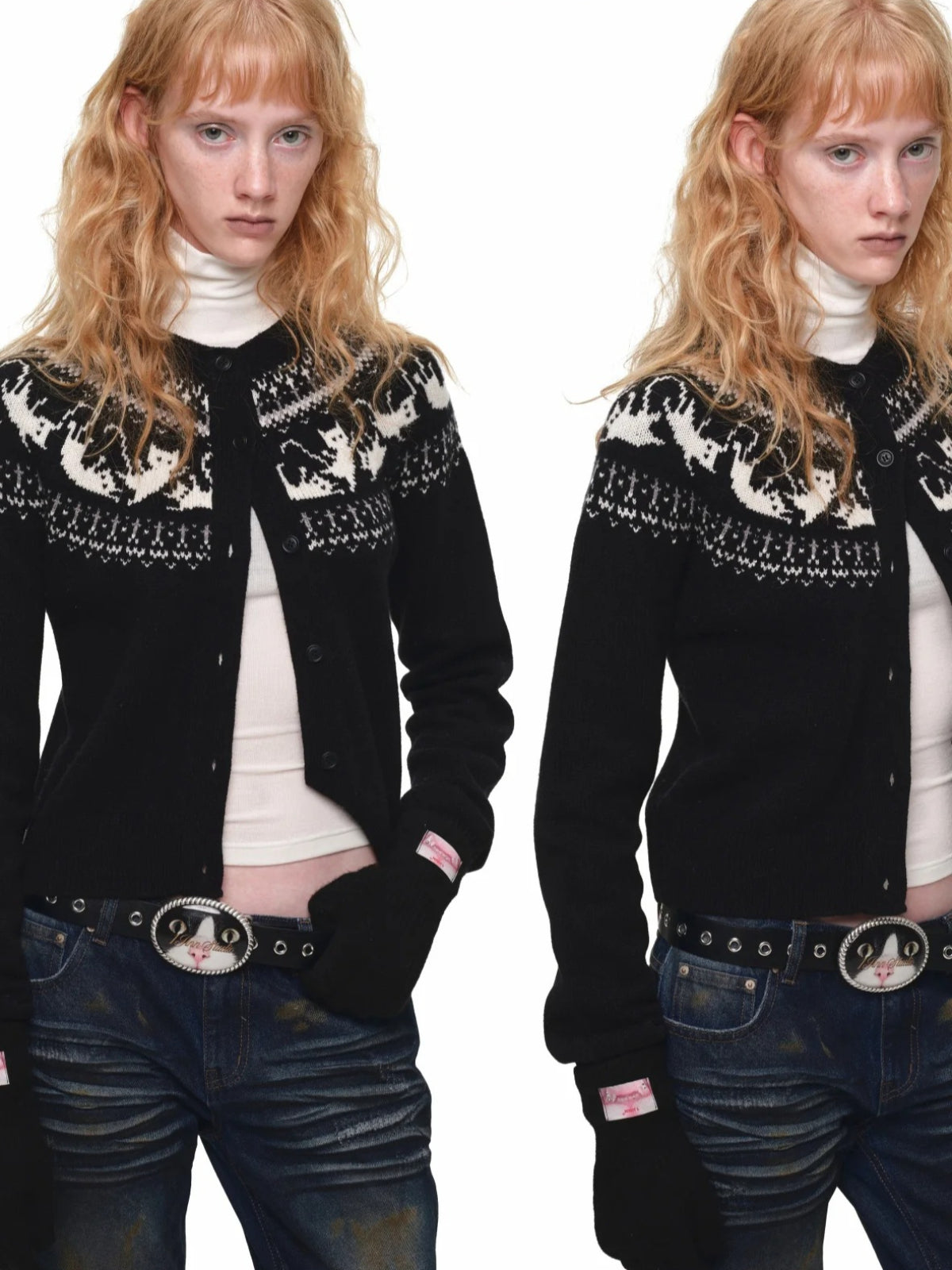 Fair Isle Cat Crewneck Cardigan
