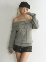 Off-Shoulder Bow Cable Knit Sweater