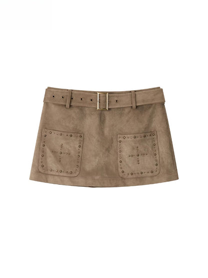 Studded Belt Faux Suede A-Line Skirt