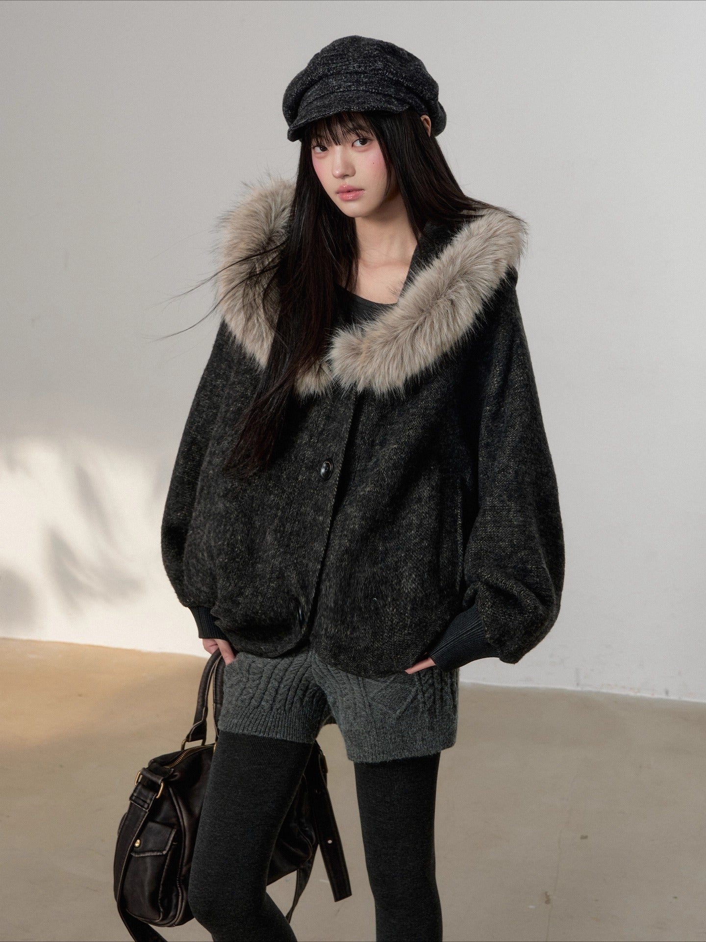 Wool Fur Trim Cape Coat