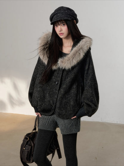 Wool Fur Trim Cape Coat