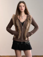 Fox Trim Hooded Knit Cardigan