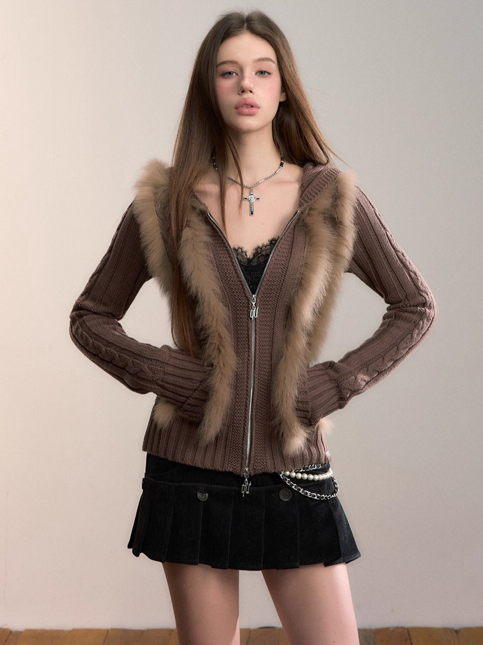 Fox Trim Hooded Knit Cardigan