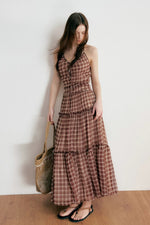 Vintage Brown Plaid Halter Maxi Dress